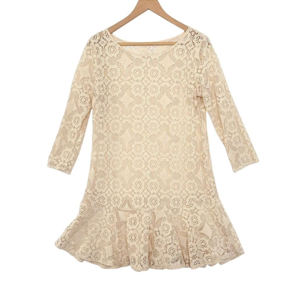 Free People Ivory‎ Unconventional Lace Ruffle Hem Doily Cottage Boho Dress Sz 8